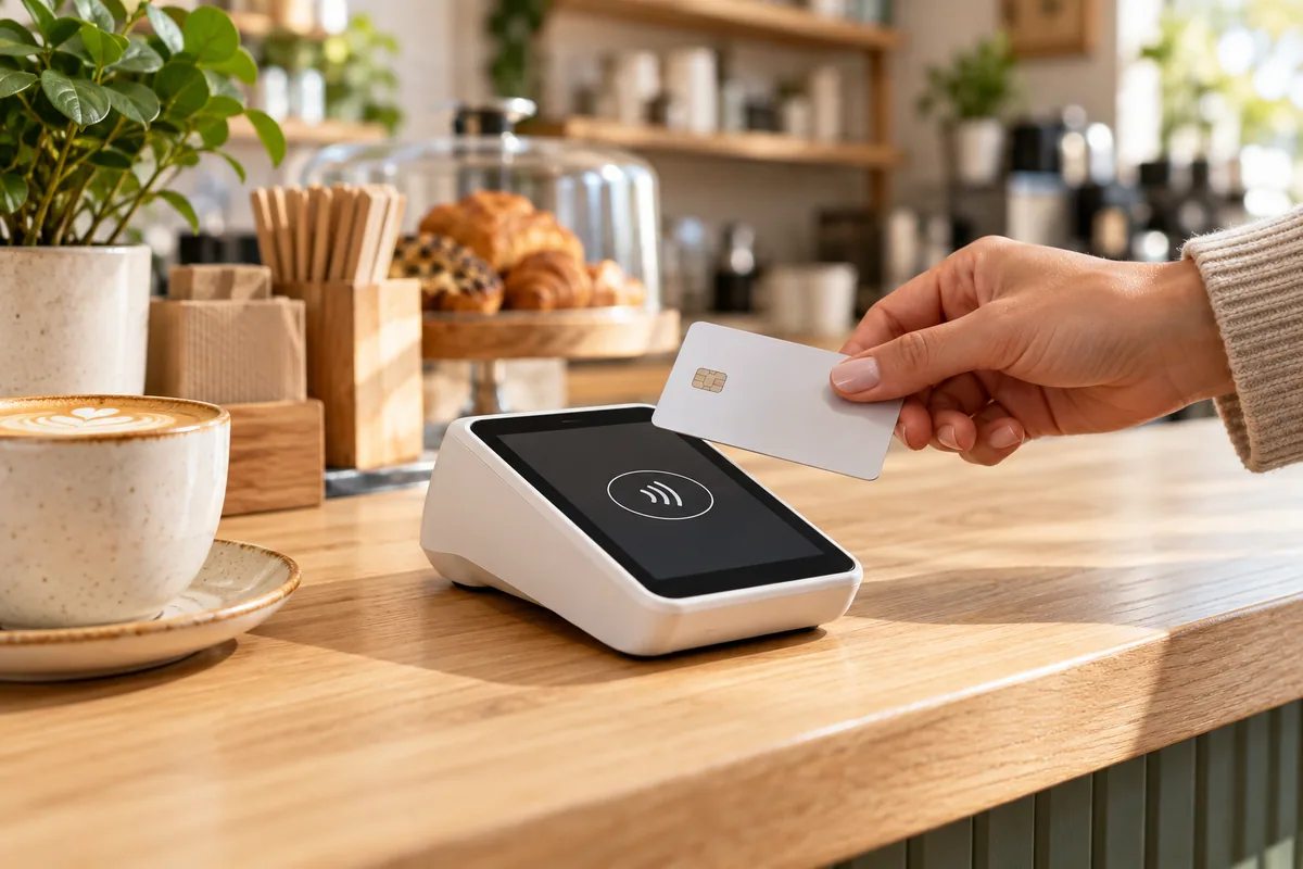 Conceptual contactless payment at a cafe counter