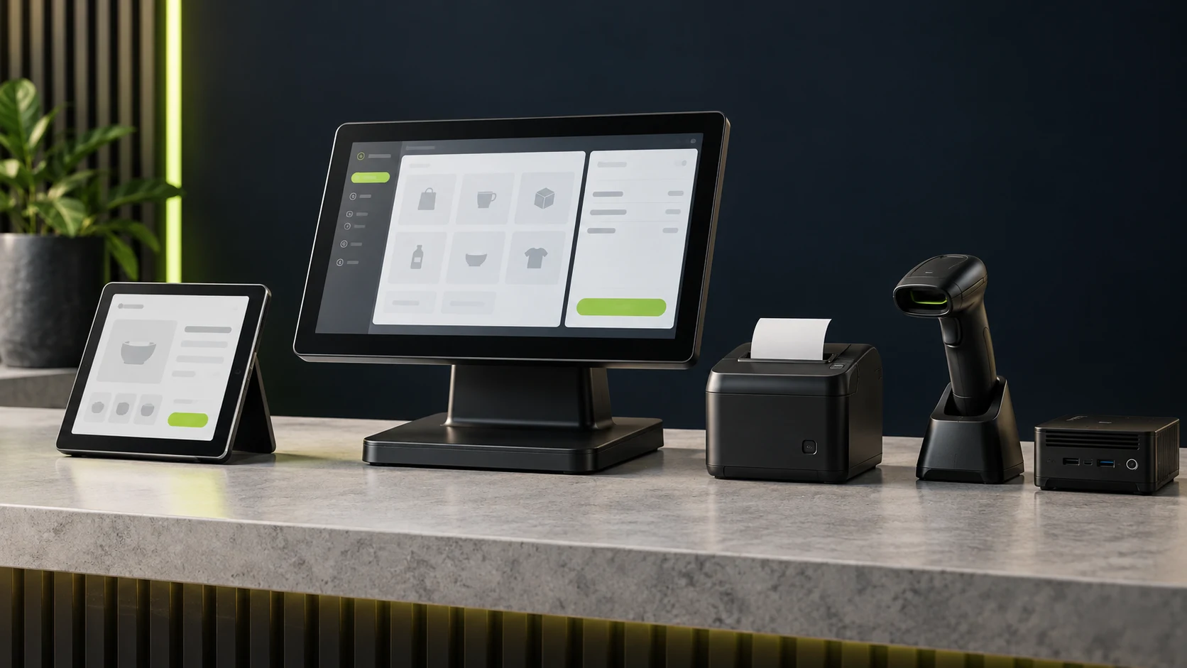 Illustration of checkout equipment including a register, tablet, receipt printer and scanner